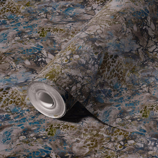 Embossed Marbled Teal Black Wallpaper, Home Wall Decor, Shiny Wallpaper, Textured Wallcovering Non-Adhesive and Non-Peel and Stick, 177 sqft - Walloro High End Wallcoverings & More