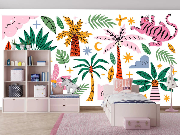 Exotic Tropical Wild Wallpaper, Cartoon Retro Style Mural, Oversized Custom Size Wall Art, Non - Woven, Non - Adhesive, Modern Wall Paper, Removable - Adawall Wallpaper - Registered Trade Accounts Only, Wallpaper Wholesale Account - W77862 - Adawall Wholesale - Wallpaper Wholesaler