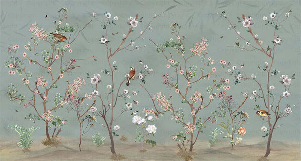 Extra Large Chinoiserie Floral Wallpaper, Birds Blossom Green Wall Mural, Custom Size, Luxury, Modern Wall Paper, Non - Pasted, Washable, Removable - Adawall Wallpaper - Registered Trade Accounts Only, Wallpaper Wholesale Account - A324-2 - Adawall Wholesale - Wallpaper Wholesaler