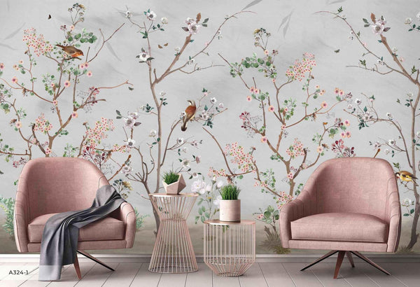 Extra Large Chinoiserie Floral Wallpaper, Birds Blossom Wall Mural, Custom Size, Luxury, Modern Wall Paper, Non - Pasted, Washable, Removable - Adawall Wallpaper - Registered Trade Accounts Only, Wallpaper Wholesale Account - A324-1 - Adawall Wholesale - Wallpaper Wholesaler