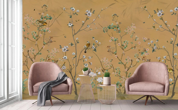Extra Large Chinoiserie Floral Wallpaper, Birds Blossom Yellow Wall Mural, Custom Size, Luxury, Modern Wall Paper, Non - Pasted, Washable, Removable (Copy) - Adawall Wallpaper - Registered Trade Accounts Only, Wallpaper Wholesale Account - A324-3 - Adawall Wholesale - Wallpaper Wholesaler