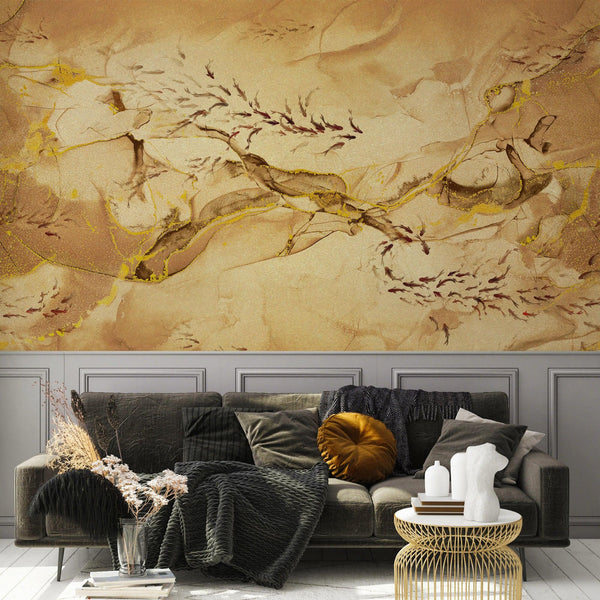 Fish Wall Mural, Yellow Japan Koi Pond Fish Wallpaper, Elegant Abstract Stone Wall Covering, Removable, Modern, Non - Pasted, Stylish - Adawall Wallpaper - Registered Trade Accounts Only, Wallpaper Wholesale Account - FJ320-1 - Adawall Wholesale - Wallpaper Wholesaler