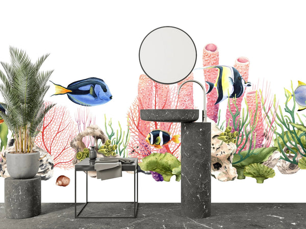 Fishes and Corals Wallpaper, White Background Mural, Oversized Custom Size Wall Art, Non - Woven, Non - Adhesive, Modern Wall Paper, Removable - Adawall Wallpaper - Registered Trade Accounts Only, Wallpaper Wholesale Account - W77664 - Adawall Wholesale - Wallpaper Wholesaler