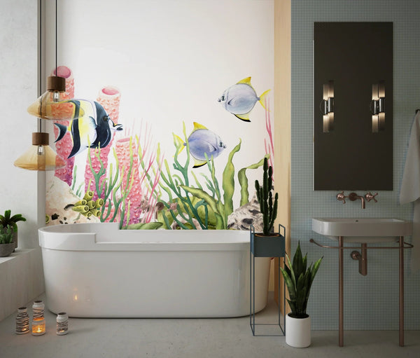 Fishes and Corals Wallpaper, White Background Mural, Oversized Custom Size Wall Art, Non - Woven, Non - Adhesive, Modern Wall Paper, Removable - Adawall Wallpaper - Registered Trade Accounts Only, Wallpaper Wholesale Account - W77664 - Adawall Wholesale - Wallpaper Wholesaler