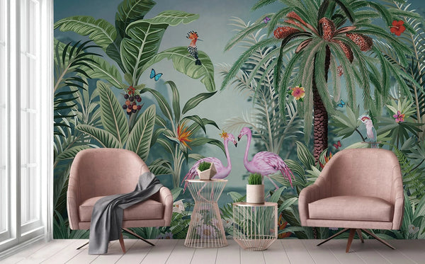 Flamingo Nature Theme Wall Mural, Dark Green Forest Wallpaper, Custom Wall Mural, Wall Poster Home Interior Decor, Non - Adhesive, Non - Woven, Washable, Removable - Adawall Wallpaper - Registered Trade Accounts Only, Wallpaper Wholesale Account - A319-1 - Adawall Wholesale - Wallpaper Wholesaler