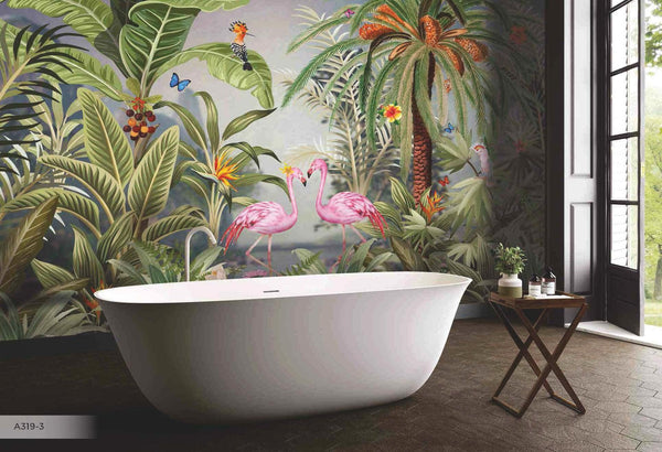 Flamingo Nature Theme Wall Mural, Green Forest Wallpaper, Custom Wall Mural, Wall Poster Home Interior Decor, Non-Adhesive, Non-Woven, Washable, Removable - Walloro High End Wallcoverings & More