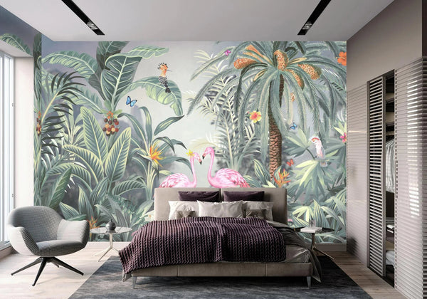 Flamingo Nature Theme Wall Mural, Light Green Forest Wallpaper, Custom Wall Mural, Wall Poster Home Interior Decor, Non - Adhesive, Non - Woven, Washable, Removable - Adawall Wallpaper - Registered Trade Accounts Only, Wallpaper Wholesale Account - A319-2 - Adawall Wholesale - Wallpaper Wholesaler