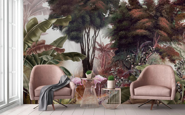 Flamingos Tropical Trees Wallpaper, Brown Nature Wall Mural, Jungle Forest Scene, Non-Woven, Non-Pasted, Removable, Custom Exotic Wall Print Art - Walloro High End Wallcoverings & More