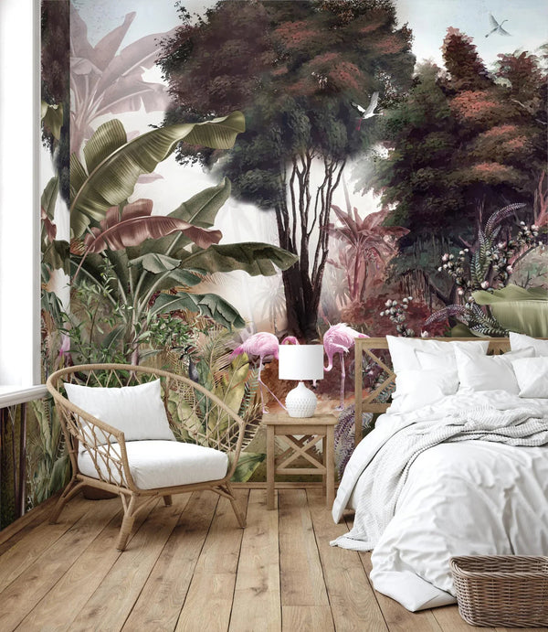 Flamingos Tropical Trees Wallpaper, Brown Nature Wall Mural, Jungle Forest Scene, Non - Woven, Non - Pasted, Removable, Custom Exotic Wall Print Art - Adawall Wallpaper - Registered Trade Accounts Only, Wallpaper Wholesale Account - A307-3 - Adawall Wholesale - Wallpaper Wholesaler