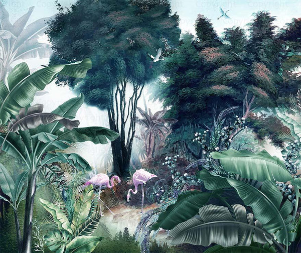 Flamingos Tropical Trees Wallpaper, Green Nature Wall Mural, Jungle Forest Scene, Non-Woven, Non-Pasted, Removable, Custom Exotic Wall Print Art - Walloro High End Wallcoverings & More