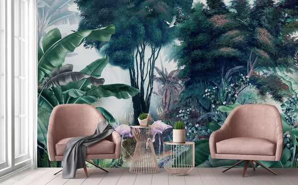 Flamingos Tropical Trees Wallpaper, Green Nature Wall Mural, Jungle Forest Scene, Non - Woven, Non - Pasted, Removable, Custom Exotic Wall Print Art - Adawall Wallpaper - Registered Trade Accounts Only, Wallpaper Wholesale Account - A307-2 - Adawall Wholesale - Wallpaper Wholesaler