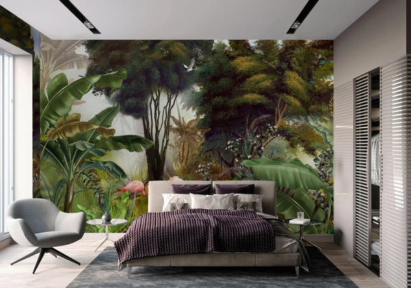 Flamingos Tropical Trees Wallpaper, Light Green Nature Wall Mural, Jungle Forest Scene, Non - Woven, Non - Pasted, Removable, Custom Exotic Wall Print Art - Adawall Wallpaper - Registered Trade Accounts Only, Wallpaper Wholesale Account - A307-1 - Adawall Wholesale - Wallpaper Wholesaler