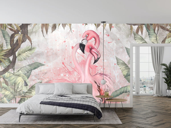 Flamingos Wallpaper, Fern Leaves Mural, Oversized Custom Size Wall Art, Non - Woven, Non - Adhesive, Modern Wall Paper, Removable - Adawall Wallpaper - Registered Trade Accounts Only, Wallpaper Wholesale Account - W77805 - Adawall Wholesale - Wallpaper Wholesaler