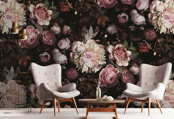 Floral Peony Wall Mural, Black Large Blooms Black Botanical Wallpaper,Home Decor Wall Art, Non - Woven, Non - Pasted, Removable, Washable - Adawall Wallpaper - Registered Trade Accounts Only, Wallpaper Wholesale Account - A322-1 - Adawall Wholesale - Wallpaper Wholesaler