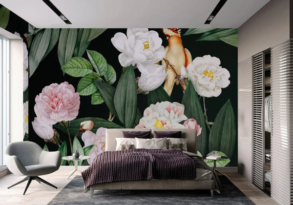 Floral Wall Mural, Green Peony Flower Parrot Wall Mural Art, Big Size Customizable Bird Theme, Non - Adhesive, Removable Wallpaper, Black, Washable, Home Interior Decor Wall Art - Adawall Wallpaper - Registered Trade Accounts Only, Wallpaper Wholesale Account - A316-2 - Adawall Wholesale - Wallpaper Wholesaler