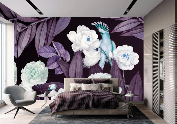 Floral Wall Mural, Purple Peony Flower Parrot Wall Mural Art, Big Size Customizable Bird Theme, Non - Adhesive, Removable Wallpaper, Black, Washable, Home Interior Decor Wall Art - Adawall Wallpaper - Registered Trade Accounts Only, Wallpaper Wholesale Account - A316-1 - Adawall Wholesale - Wallpaper Wholesaler