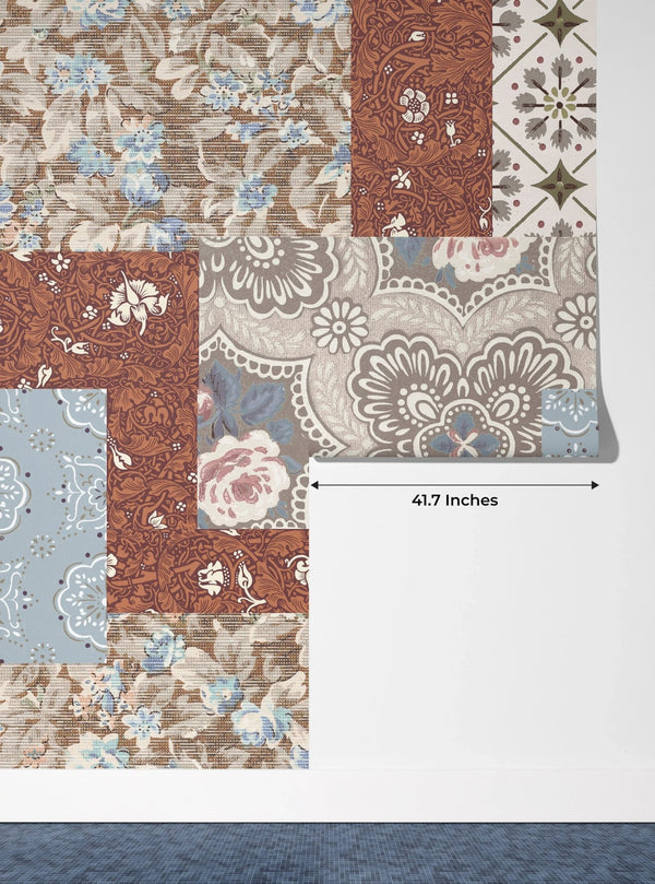 Floral Wallpaper, Brown and Blue Patchwork Mural, Oversized Custom Size Wall Art, Non - Woven, Non - Adhesive, Modern Wall Paper, Removable - Adawall Wallpaper - Registered Trade Accounts Only, Wallpaper Wholesale Account - W77867 - Adawall Wholesale - Wallpaper Wholesaler
