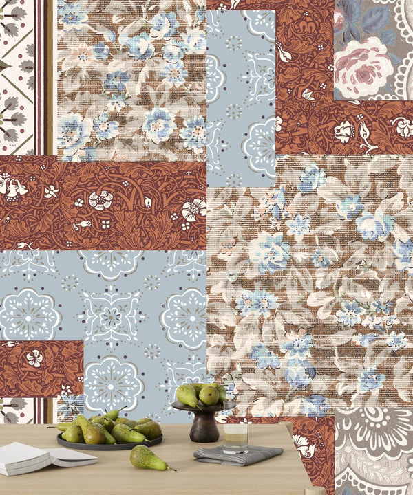 Floral Wallpaper, Brown and Blue Patchwork Mural, Oversized Custom Size Wall Art, Non - Woven, Non - Adhesive, Modern Wall Paper, Removable - Adawall Wallpaper - Registered Trade Accounts Only, Wallpaper Wholesale Account - W77867 - Adawall Wholesale - Wallpaper Wholesaler