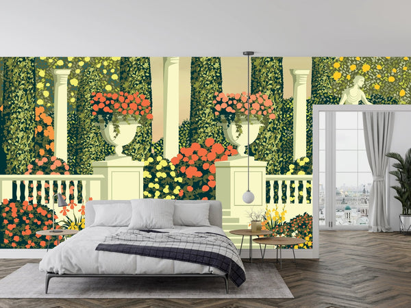 Flower Beds Wallpaper, Terrace in the Park Mural, Oversized Custom Size Wall Art, Non - Woven, Non - Adhesive, Modern Wall Paper, Removable - Adawall Wallpaper - Registered Trade Accounts Only, Wallpaper Wholesale Account - W77765 - Adawall Wholesale - Wallpaper Wholesaler