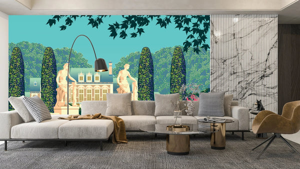 Flower Garden Wallpaper, House and Statues Mural, Oversized Custom Size Wall Art, Non - Woven, Non - Adhesive, Modern Wall Paper, Removable - Adawall Wallpaper - Registered Trade Accounts Only, Wallpaper Wholesale Account - W77762 - Adawall Wholesale - Wallpaper Wholesaler