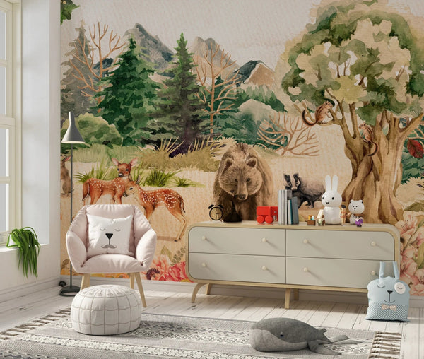 Forest Animals, Trees Wallpaper, Watercolor Mural, Oversized Custom Size Wall Art, Non - Woven, Non - Adhesive, Modern Wall Paper, Removable - Adawall Wallpaper - Registered Trade Accounts Only, Wallpaper Wholesale Account - W77653 - Adawall Wholesale - Wallpaper Wholesaler