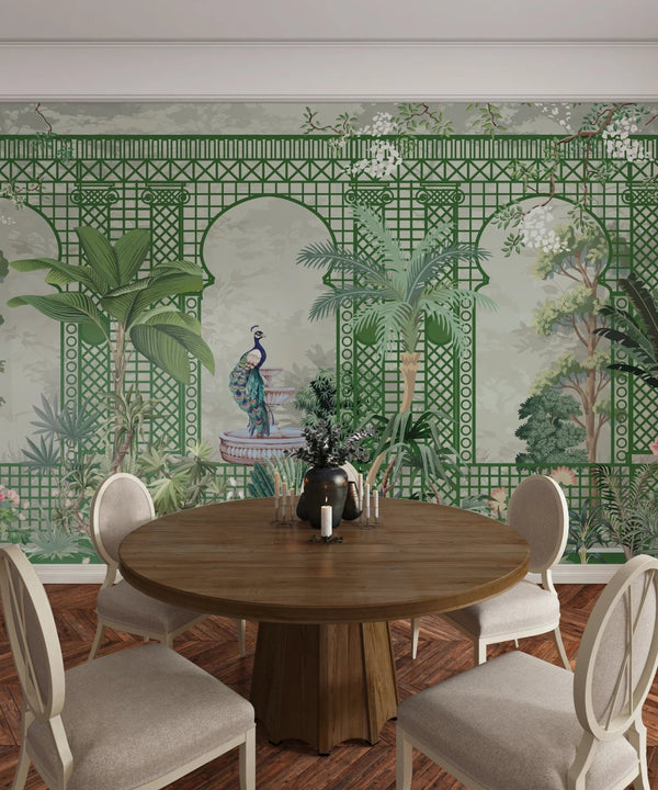 Garden and Peacock Wallpaper,Botanic and Lattice Wall Mural, Oversized Custom Size Wall Art, Non - Woven, Non - Adhesive, Modern Wall Paper, Removable - Adawall Wallpaper - Registered Trade Accounts Only, Wallpaper Wholesale Account - W77506 - Adawall Wholesale - Wallpaper Wholesaler