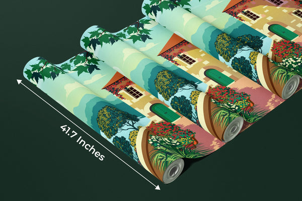 Village Square Wallpaper, Traditional House Mural, Oversized Custom Size Wall Art, Non-Woven, Non-Adhesive, Modern Wall Paper, Removable