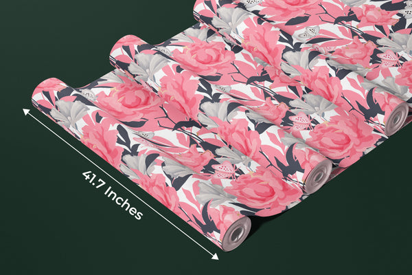 Pink Flowers Wallpaper, Seamless Pattern Mural, Oversized Custom Size Wall Art, Non-Woven, Non-Adhesive, Modern Wall Paper, Removable