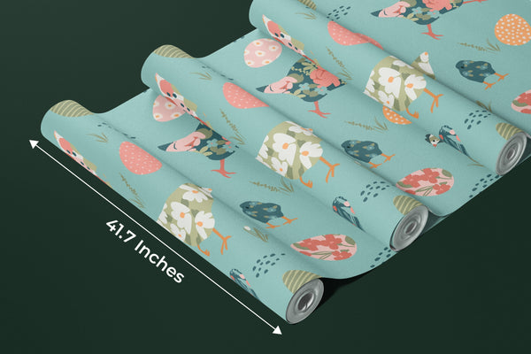 Chickens with Abstract Flowers Wallpaper, Seamless Pattern Mural, Oversized Custom Size Wall Art, Non-Woven, Non-Adhesive, Modern Wall Paper, Removable