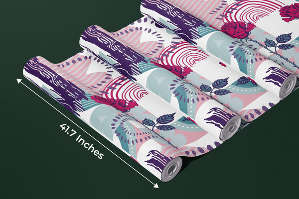 Rose and Abstract Figures Wallpaper, Seamless Pattern Mural, Oversized Custom Size Wall Art, Non-Woven, Non-Adhesive, Modern Wall Paper, Removable