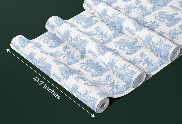 Blue Toile Jungle Wallpaper, African Animals Mural, Oversized Custom Size Wall Art, Non-Woven, Non-Adhesive, Modern Wall Paper, Removable