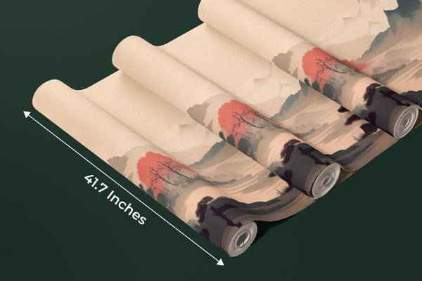 Sakura Trees Wallpaper, Traditional Ink Landscape Mural, Oversized Custom Size Wall Art, Non-Woven, Non-Adhesive, Modern Wall Paper, Removable