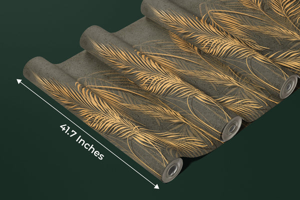Gold Palm Leaves Wallpaper, Tropical Mural, Oversized Custom Size Wall Art, Non-Woven, Non-Adhesive, Modern Wall Paper, Removable