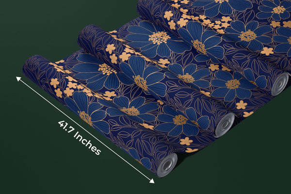 Blue and Gold Floral Wallpaper, Seamless Pattern Mural, Oversized Custom Size Wall Art, Non-Woven, Non-Adhesive, Modern Wall Paper, Removable