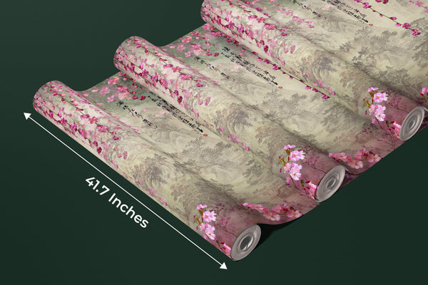 Pink Sakura Flowers Wallpaper, Chinoiserie Mural, Oversized Custom Size Wall Art, Non-Woven, Non-Adhesive, Modern Wall Paper, Removable