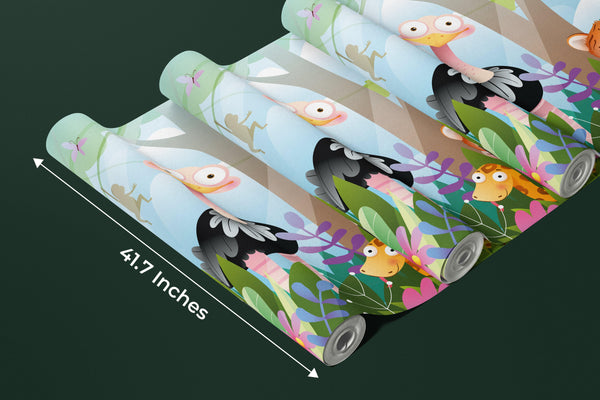 Kids Animals in Jungle Wallpaper, Wild Tropical Mural, Oversized Custom Size Wall Art, Non-Woven, Non-Adhesive, Modern Wall Paper, Removable