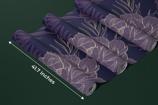 Purple Flowers Wallpaper, Big Leaves Mural, Oversized Custom Size Wall Art, Non-Woven, Non-Adhesive, Modern Wall Paper, Removable