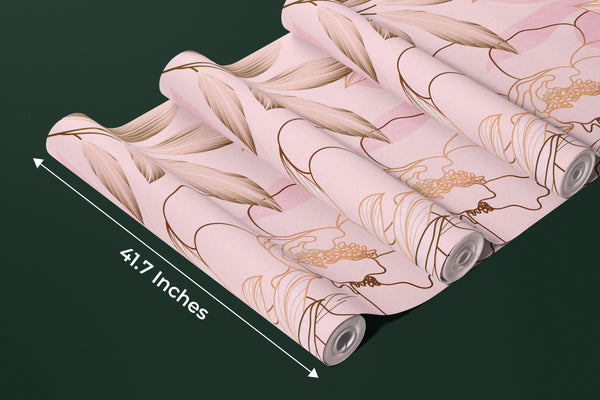 Luxury Golden, Pink Wallpaper, Tropical Flower Mural, Oversized Custom Size Wall Art, Non-Woven, Non-Adhesive, Modern Wall Paper, Removable