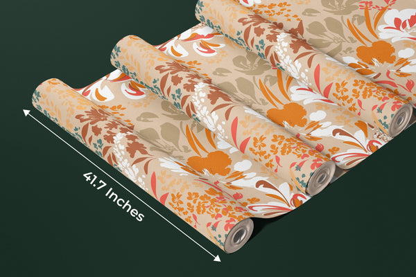 Floral Brown and Green Wallpaper, Seamless Pattern Mural, Oversized Custom Size Wall Art, Non-Woven, Non-Adhesive, Modern Wall Paper, Removable