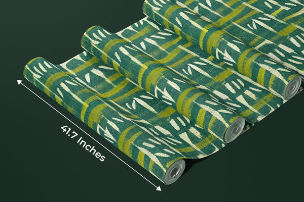 Ethnic Ikat Greenish Wallpaper, Handmade Boho Tribal Mural, Oversized Custom Size Wall Art, Non-Woven, Non-Adhesive, Modern Wall Paper, Removable