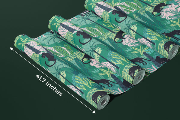 Panthers and Tropical Leaves Wallpaper, Seamless Pattern Mural, Oversized Custom Size Wall Art, Non-Woven, Non-Adhesive, Modern Wall Paper, Removable