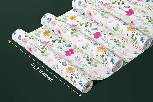 Watercolor Floral Wallpaper, Seamless Pattern Mural, Oversized Custom Size Wall Art, Non-Woven, Non-Adhesive, Modern Wall Paper, Removable