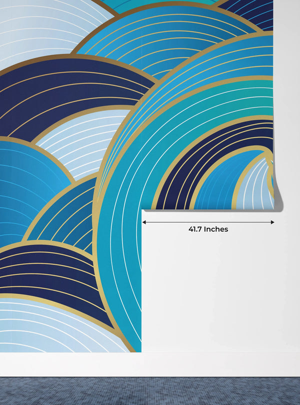 Navy Blue, Gold Abstract Wallpaper, Wavy Mural, Oversized Custom Size Wall Art, Non-Woven, Non-Adhesive, Modern Wall Paper, Removable