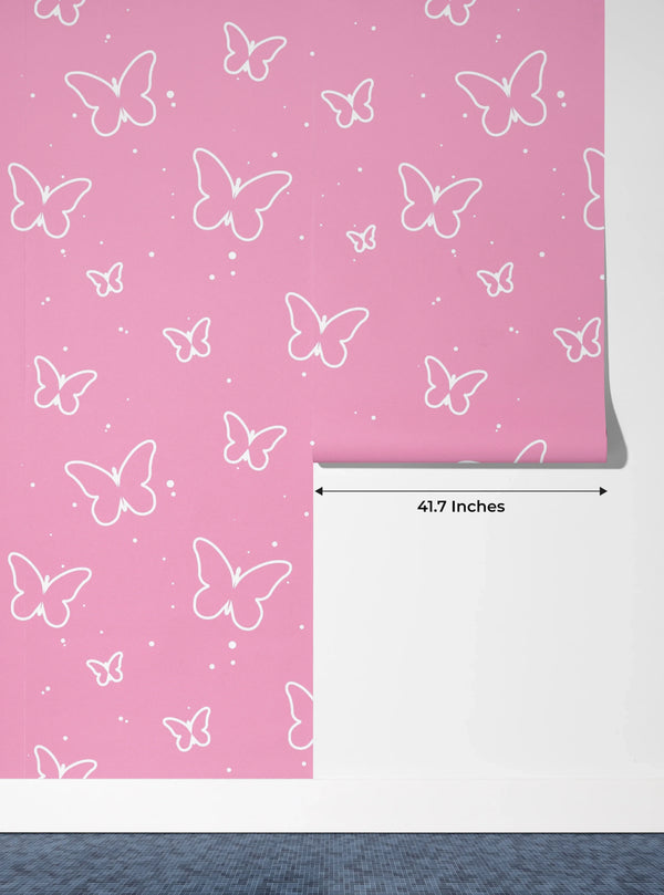 Butterflies, Pink Background Wallpaper, Seamless Pattern Mural, Oversized Custom Size Wall Art, Non-Woven, Non-Adhesive, Modern Wall Paper, Removable