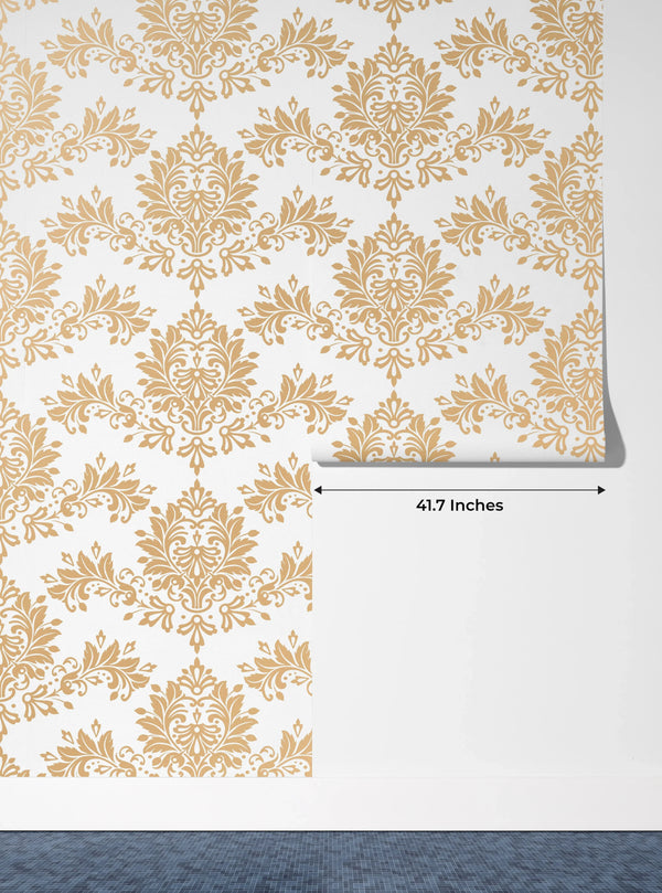 Gold Damask Wallpaper, Seamless Pattern Mural, Oversized Custom Size Wall Art, Non-Woven, Non-Adhesive, Modern Wall Paper, Removable