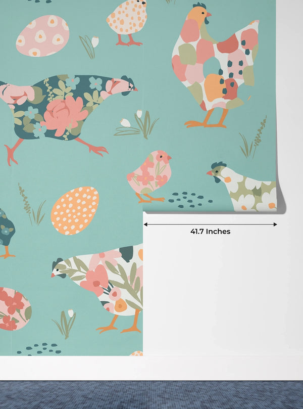 Chickens with Abstract Flowers Wallpaper, Seamless Pattern Mural, Oversized Custom Size Wall Art, Non-Woven, Non-Adhesive, Modern Wall Paper, Removable