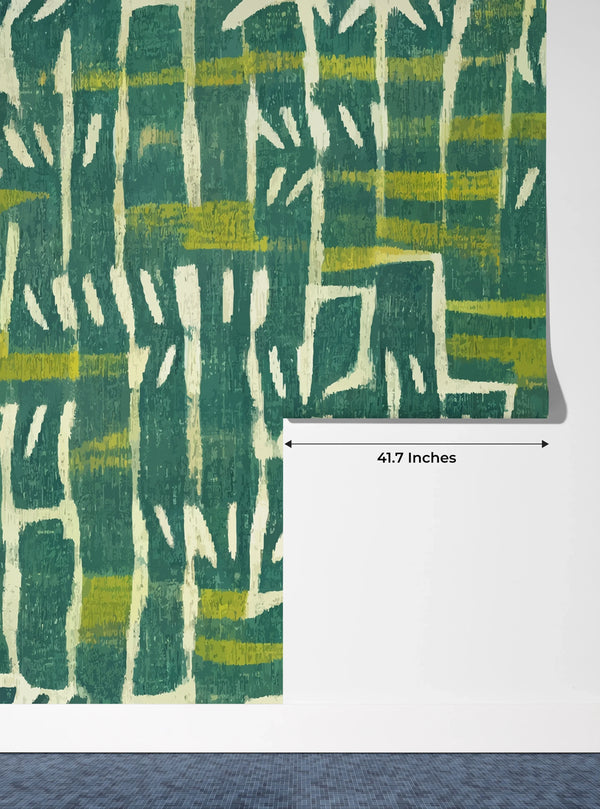 Ethnic Ikat Greenish Wallpaper, Handmade Boho Tribal Mural, Oversized Custom Size Wall Art, Non-Woven, Non-Adhesive, Modern Wall Paper, Removable