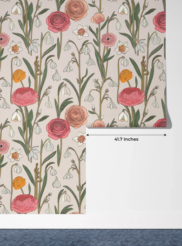 Abstract Handmade Floral Wallpaper, Seamless Pattern Mural, Oversized Custom Size Wall Art, Non-Woven, Non-Adhesive, Modern Wall Paper, Removable