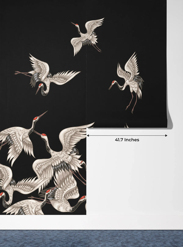 Japanese White Cranes Wallpaper, Seamless Pattern Mural, Oversized Custom Size Wall Art, Non-Woven, Non-Adhesive, Modern Wall Paper, Removable