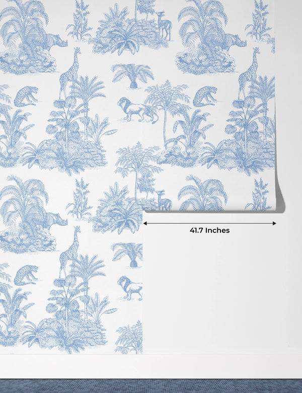 Blue Toile Jungle Wallpaper, African Animals Mural, Oversized Custom Size Wall Art, Non-Woven, Non-Adhesive, Modern Wall Paper, Removable